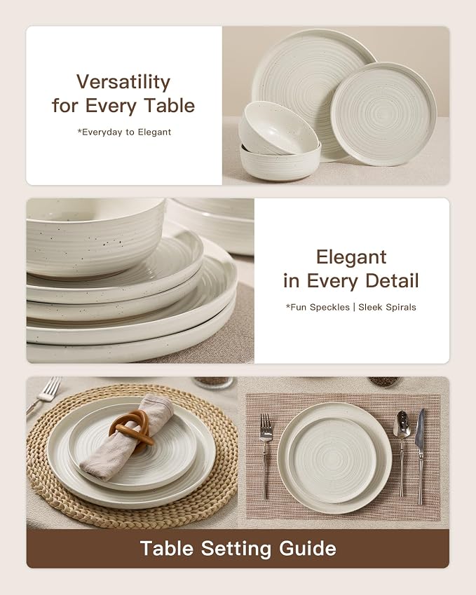 Stoneware Dinnerware Sets for 8, Plates and Bowls, Cream | 24-Piece Ceramic - Image 3