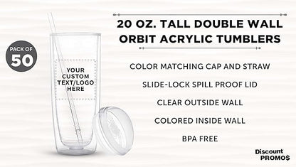 Custom Tall Orbit Acrylic Tumblers 20 oz. Set of 50, Personalized Bulk Pack - Perfect for Iced Coffee, Soda, Other Hot & Cold Beverages - Clear