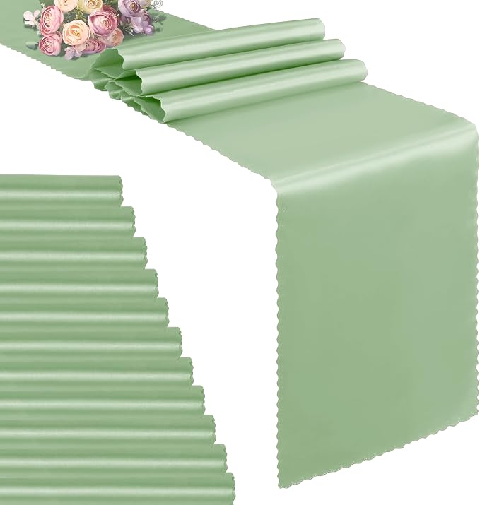 VACVELT Sage Green Satin Table Runners, 12x72 Inch, 12 Pack, Scalloped Edge | by VACVELT