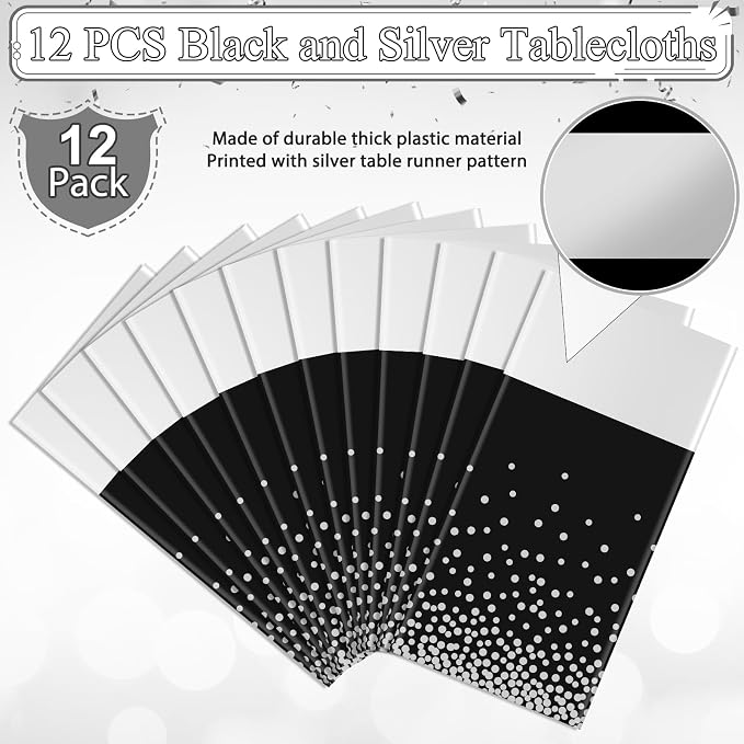 12Pcs Black Silver Tablecloth Party Decorations, Plastic Black Table Cloth - Image 4