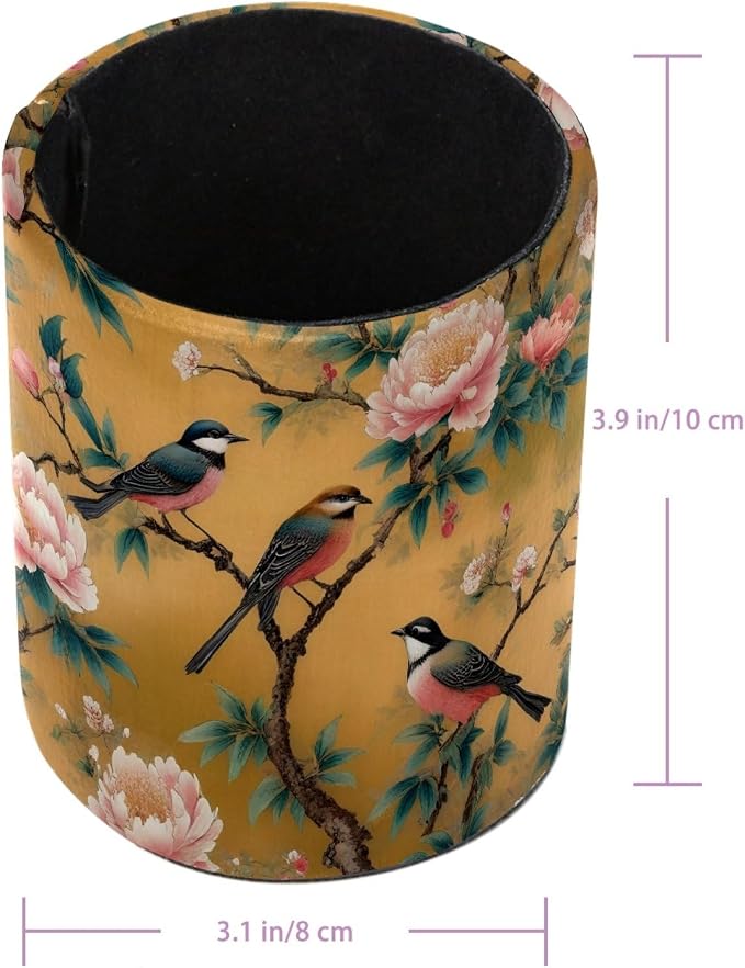 Leather Pen Holder for Desk, Peony Bird Pencil Cup Pen Organizer Makeup Brush - Image 3