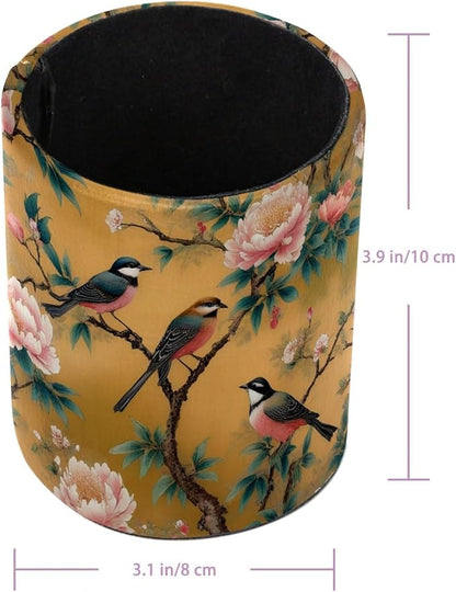 Leather Pen Holder for Desk, Peony Bird Pencil Cup Pen Organizer Makeup Brush - Image 3