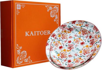 Porcelain Floral Plates 8 Inches &10 Inches 4 Pieces Total,Ceramic Dessert Plate,Appetizer Salad Plate Set, Dinnerware Dinner Plates for Kitchen,Cake Snacks