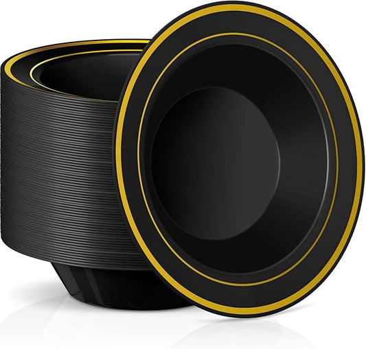 Jinei 150 Pieces 6 oz Plastic Bowls with Rim Small Disposable Soup Bowls for Dessert Salad Soup Candy Wedding Thanksgiving Catering Holidays Party Supplies (Black,Gold Rim)