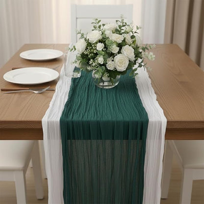Cheesecloth Table Runner 2 Pack White and Dark Green, Boho Gauze Table Runner by Avolander