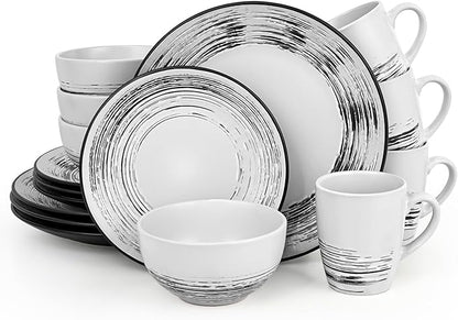 Homlouue 16 Pcs Stoneware Dinnerware Sets for 4, Porcelain Farmhouse Plates Bowls Mugs Set - Minimalist Chip Resistant Dish Set, Microwave & Dishwasher Safe in White and Black Thread