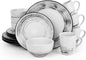 Homlouue 16 Pcs Stoneware Dinnerware Sets for 4, Porcelain Farmhouse Plates Bowls Mugs Set - Minimalist Chip Resistant Dish Set, Microwave & Dishwasher Safe in White and Black Thread