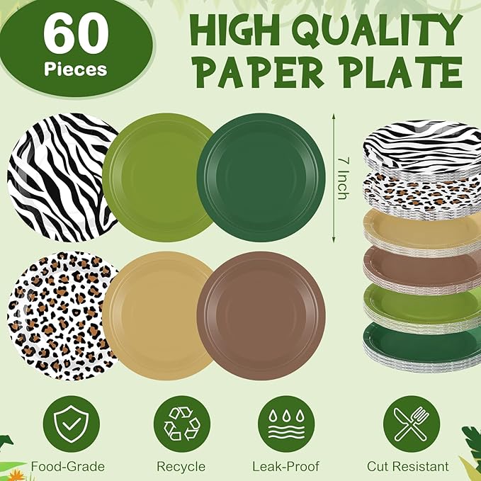 60 Pcs 7 Inch Jungle Safari Paper Plates Forest Animal Plates Decorations Sage Green Brown Dessert Dish Disposable Tableware for Woodland Baby Shower Birthday Safari Themed Party Supplies