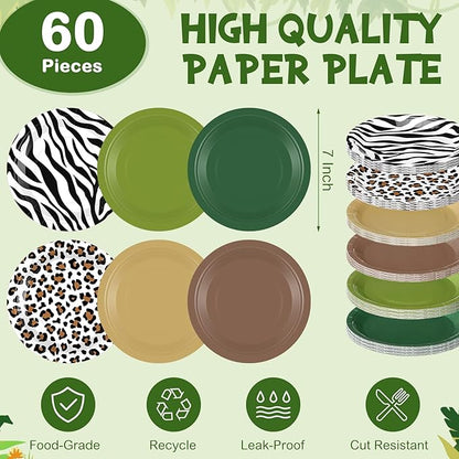 60 Pcs 7 Inch Jungle Safari Paper Plates Forest Animal Plates Decorations Sage Green Brown Dessert Dish Disposable Tableware for Woodland Baby Shower Birthday Safari Themed Party Supplies
