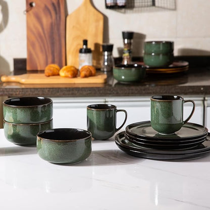 LeRatio Ceramic Dinnerware Sets for 6,Porcelain Plates and Bowls Sets,Handmade Reactive Glaze Dishes Set,Chip Resistant and Scratch Resistant | Oven&Dishwasher & Microwave Safe-Green(18PCS)