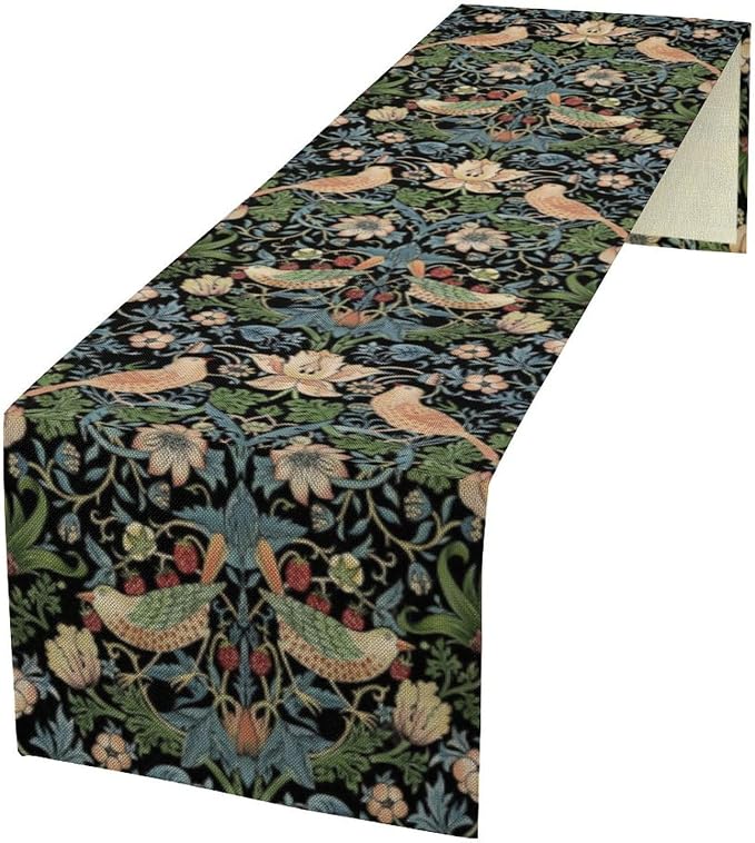 William Morris Floral Table Runner, Strawberry Thief Birds in Green and Blue by Yearn+Jear