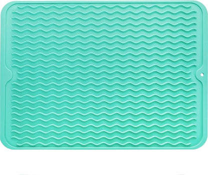 Silicone Dish Drying Mat for Multiple Usage,Easy clean,Eco-friendly,Heat-resistant Silicone Mat for Kitchen Counter or Sink,Refrigerator or drawer liner Mint L 16 inches x 12 inches