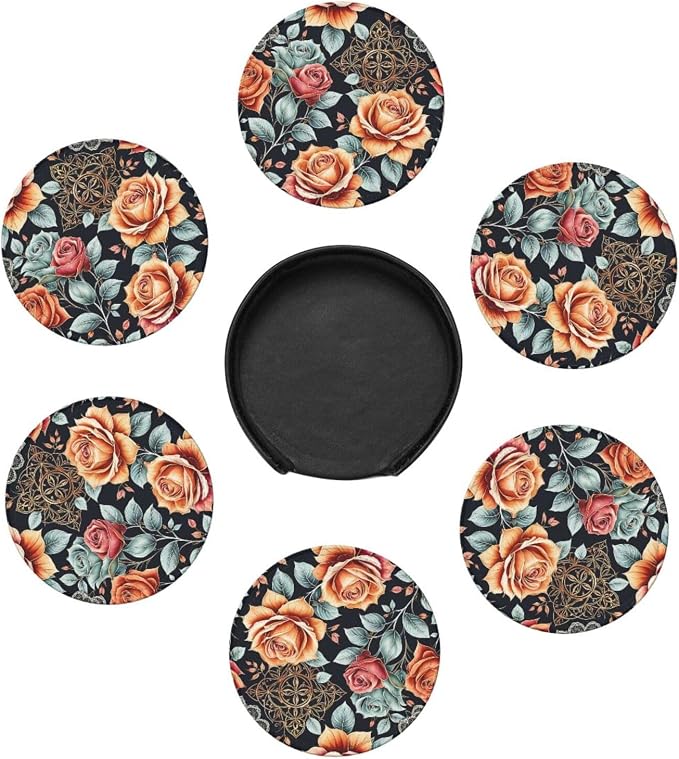Drink Coasters with Holder Stand Set of 6, Roses Flower Vintage Pu Leather - Image 5