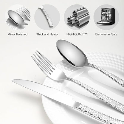Hammered silverware set for 4 modern flatware set Heavy duty cutlery set 20piece Stainless Steel fork spoon knife set everyday kitchen, Mirror Finish Dishwasher Safe