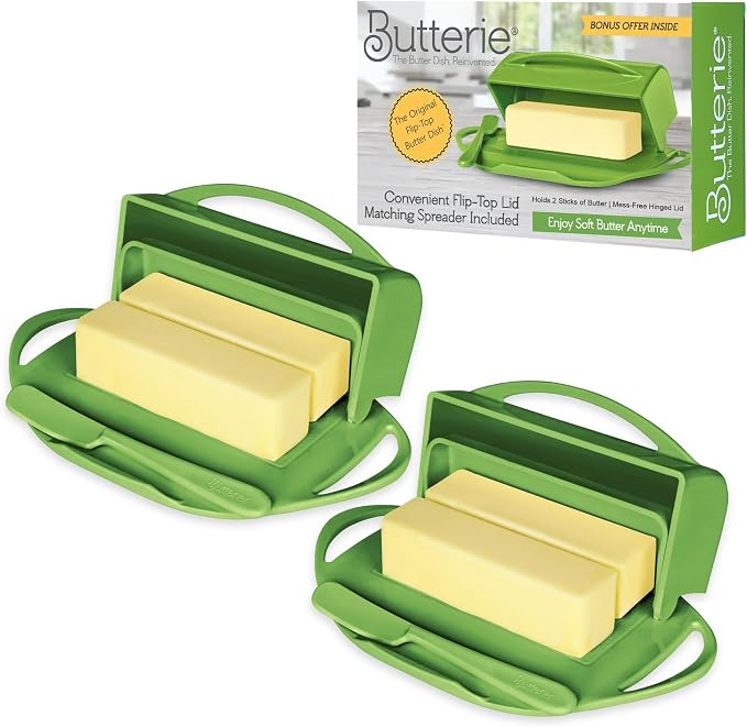 Flip Top Butter Dish with Attached Lid & Matching Knife, 2 Pack by Butterie