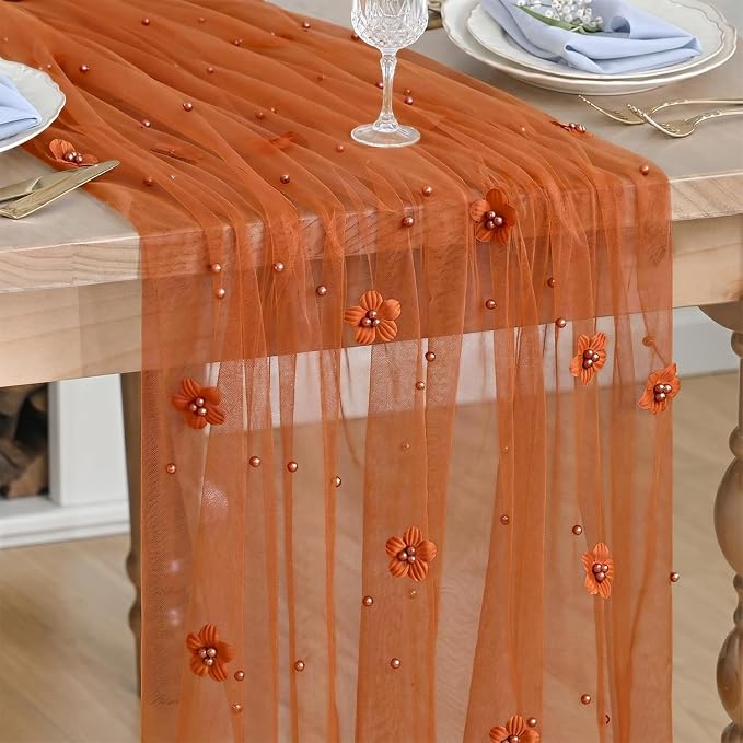 Artoid Mode Caramel Flower Pearl Pink Gauze Table Runner 10FT, Seasonal Sheer by ArtoidMode