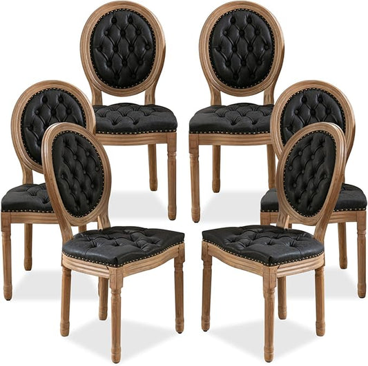 SoarFlash French Dining Chairs Set of 6, Vantage Dining Chair with Round Back, Farmhouse Country PU Leather Dining Chair for Kitchen,Bedroom,Black