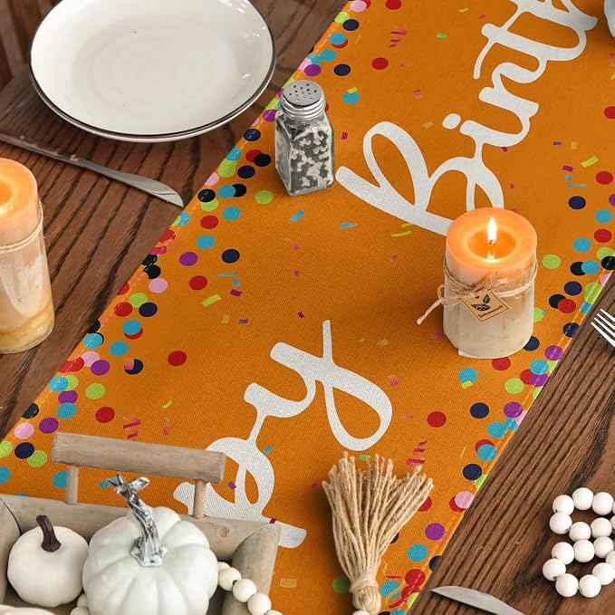 Artoid Mode Polka Dot Orange Happy Birthday Table Runner, Seasonal Fall - Image 4