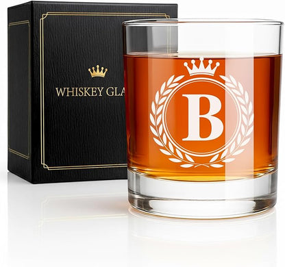 Whiskey Glasses - Rocks Old Fashioned Glass Gifts for Men, Monogrammed A-Z 10oz Personalized Whisky Glasses, Christmas Birthday Gifts for Men Him Dad Father Husband Brother Son (B)