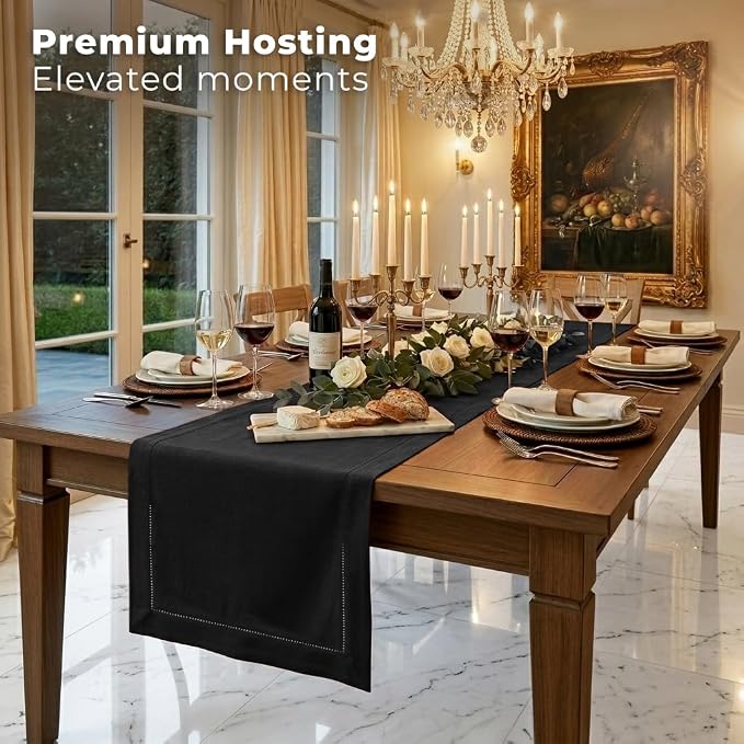 Signature Linen™ by D'Moksha Black Table Runner 84 Inches Long, 100% Pure Linen - Image 3