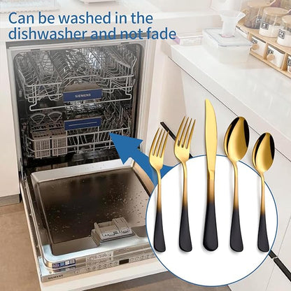 20-Piece Black Gold Silverware Set, 18/0 Stainless Steel Colorful Handle Flatware Set,Service for 4,Modern Cutlery Set Includes Dinner Knives Forks Spoons,Mirror Polished,Dishwasher Safe