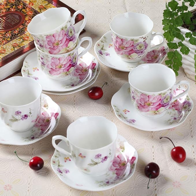GuangYang 7 oz Porcelain Tea Cups and Saucers Set of 6, Cappuccino, - Image 2