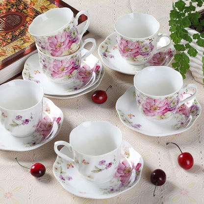 GuangYang 7 oz Porcelain Tea Cups and Saucers Set of 6, Cappuccino, - Image 2