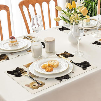 Cat Placemats Set of 6, Cute Black Cats Table Mats, Animal Washable Place Mats for Coffee Bar Home Party Indoor Kitchen Dining Table Decoration 12x18 Inch