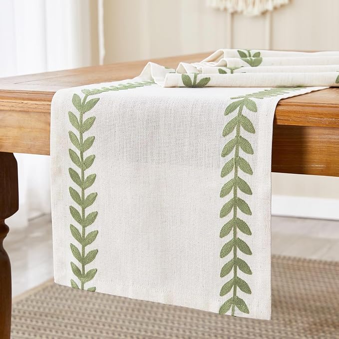Embroidered Table Runner, Light Green Table Runners 60 Inches Long | Linen - Image 5