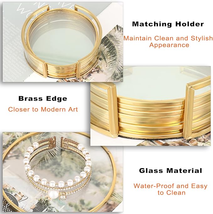 JUXYES Set of 8 Gold Brass Clear Glass Round Coaster - Image 4