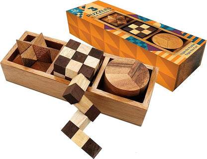 BSIRI 3 Puzzles in a Box - Wooden Brain Teaser Puzzle, 3D Mind Puzzle for Adults, Educational Kids Games, and Brain Games for Kids, Ideal for Birthday Gifts and Patio Decor
