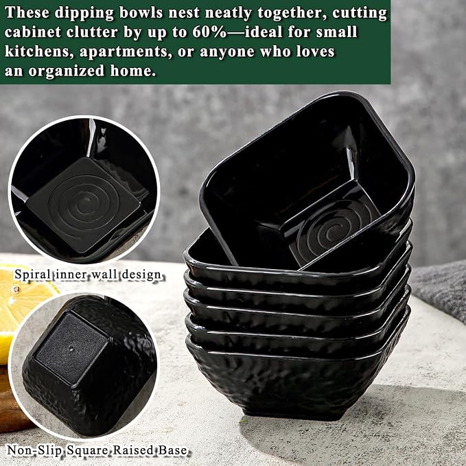 Berglander Dip Bowls Set 6pcs, 6 oz Black Plastic Dipping Bowls, Matte Stone - Image 6