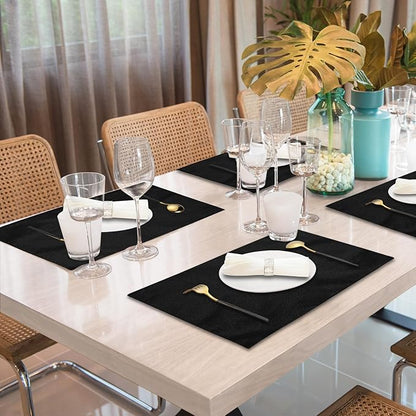 Cloth Placemats Set of 6, Cotton Linen Blend Machine Washable Double Layered Place Mats, Heat Resistant Placemats Wrinkle Free Thick Fabric Dining Table Mats for Indoors & Outdoors (Black, 6)
