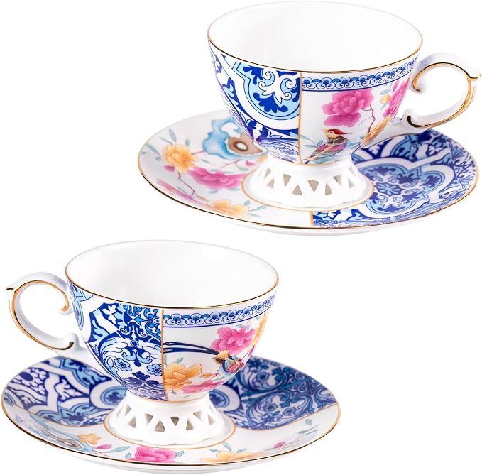 KAMMAK Tea Cups and Saucers Set of 2, Fine Bone China Coffee Cups, GH011 | by KAMMAK