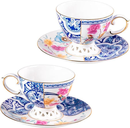 KAMMAK Tea Cups and Saucers Set of 2, Fine Bone China Coffee Cups, GH011 | by KAMMAK
