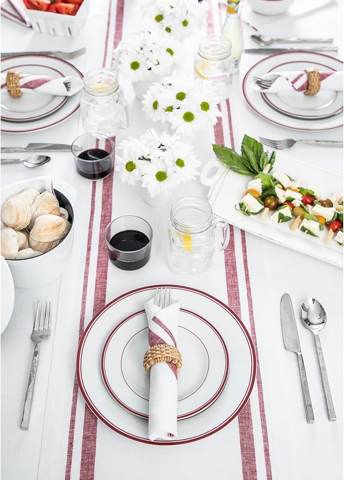 Solino Home 100% Linen Table Runner, 14 x 90 in, Burgundy and White Striped | - Image 2