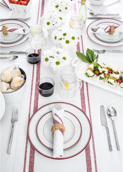 Solino Home 100% Linen Table Runner, 14 x 90 in, Burgundy and White Striped | - Image 2