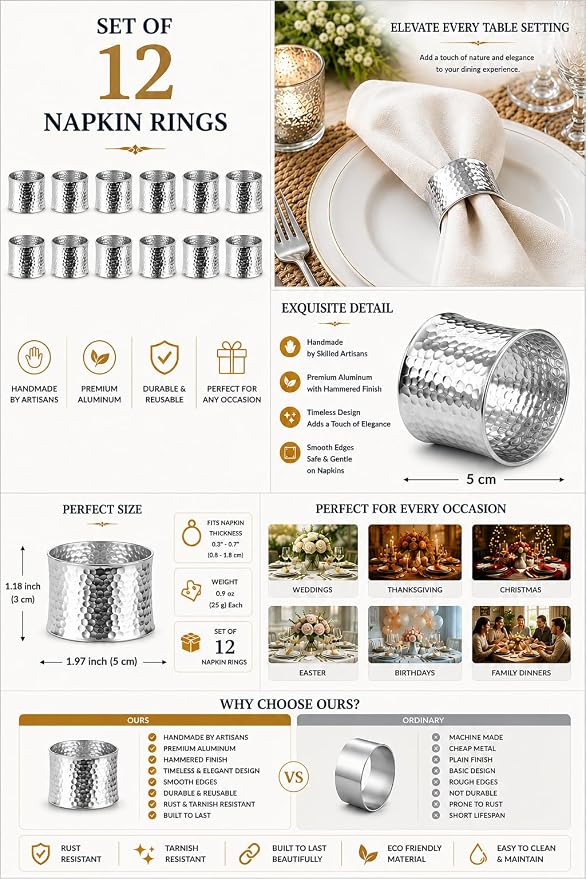 ITOS365 Handmade Round Hammered Silver Napkin Rings Holder - Image 2