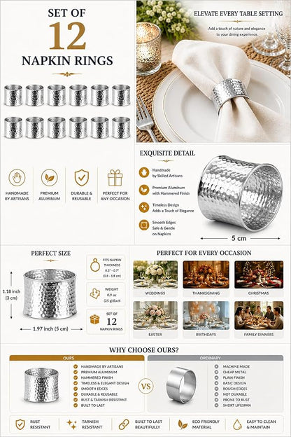 ITOS365 Handmade Round Hammered Silver Napkin Rings Holder - Image 2