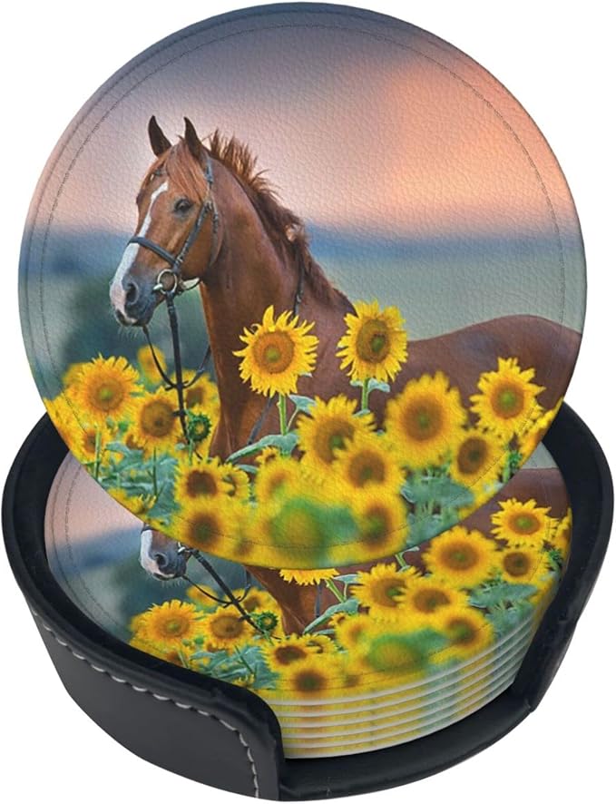 6 Pcs Horse Sunflowers Leather Coasters by NiuKom