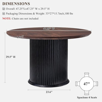 T4TREAM 47" Fluted Round Dining Table for 4-6, Mid-Century Modern Kitchen Table with Thickened Edge & Cylindrical Base for Dining Room, Kitchen, Living Room,Walnut & Black(Table Only)
