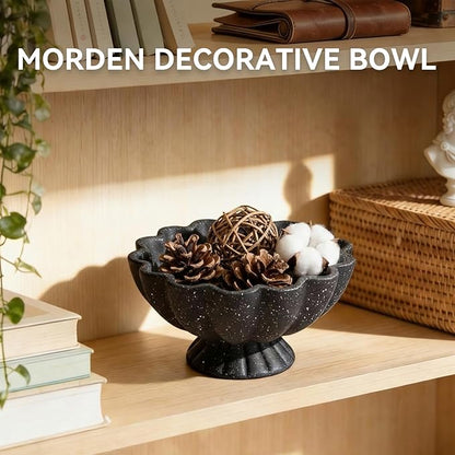 Pedestal Decorative Bowl Home Decor - Morden Handmade Decorative Fruit Bowl for Kitchen Counter, Chic Ruffle Bowl Centerpiece Decor for Dining Table Coffee Table (Starry Black