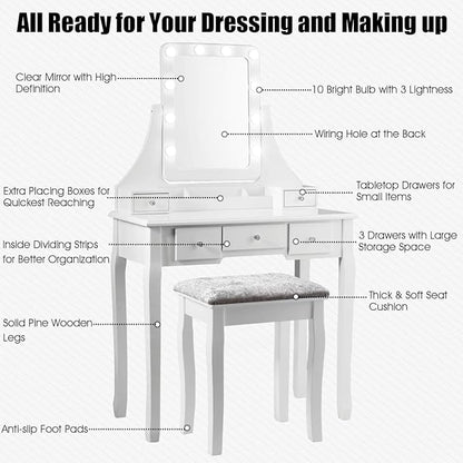 DORTALA Vanity Table Set w/ 360-Degree Rectangular Mirror & Cushioned Stool, Makeup Table w/ 10 LED Dimmable Bulbs, Bedroom Wood Dressing Table w/ 5 Drawers & Removable Box Organizer, White
