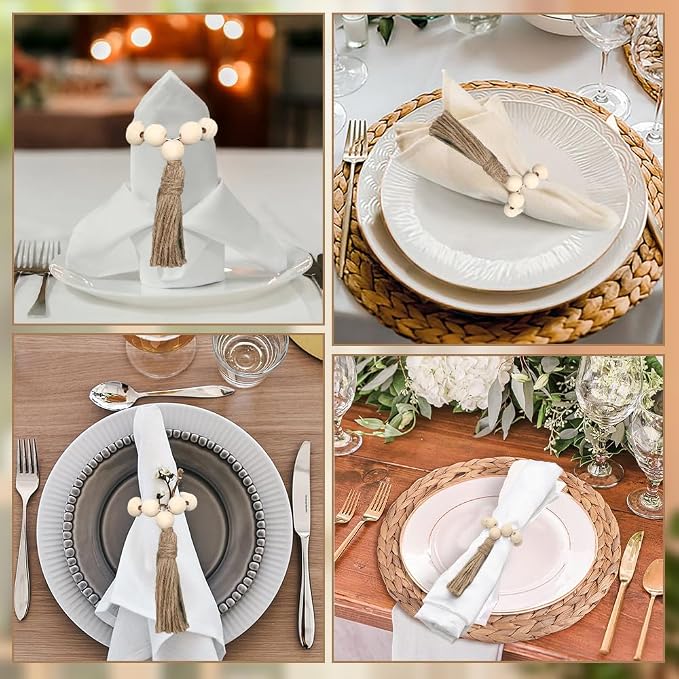 Wooden Bead Napkin Rings Set of 12, Farmhouse Stretchable Napkin Rings - Image 7