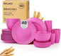 Wheat Straw Dinnerware Set 40 PCS | Service for 8 | Unbreakable Plates and Bowls Sets Plastic Reusable Dishes Sets Dinner Plates, Cereal Bowls, Water Cups Kitchen Set for Home RV- Pink