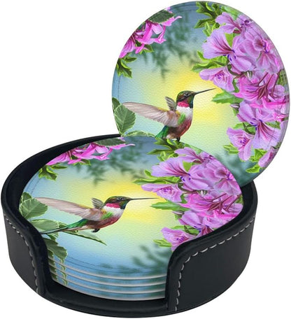 6 Pcs Hummingbirds and Brilliant Flowers Nature Landscape Leather Coasters - Image 2