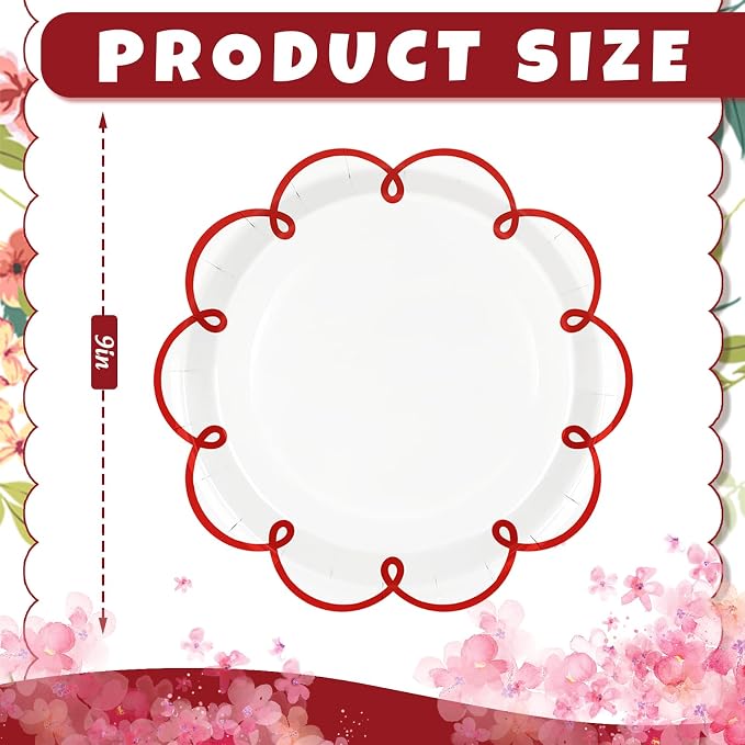 JarThenaAMCS 50 Pcs Red Edge Paper Plates Scalloped Disposable Plate Decorative - Image 2