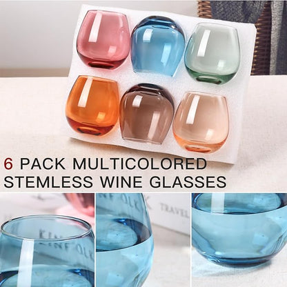 Colored Stemless Wine Glasses Set of 6-15 oz -【Hand-Blown】 Colored Drinking Glasses, European Design Crystal Glass For Red & White Wine, Unique Gifts for Wedding, Birthday(Multicolor)