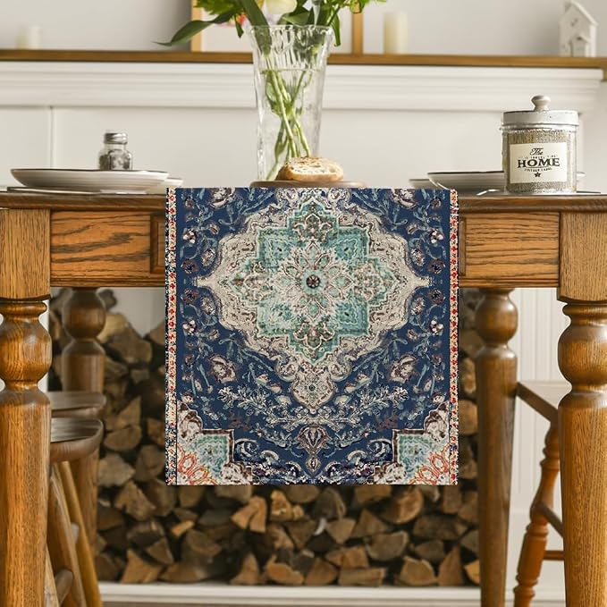 Artoid Mode Boho Bohemia Style Blue Table Runner, Country Rustic Farmhouse - Image 2