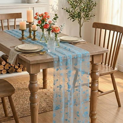Artoid Mode Light Blue Gauze Flocking Flowers Table Runner 10FT, Spring Sheer - Image 4